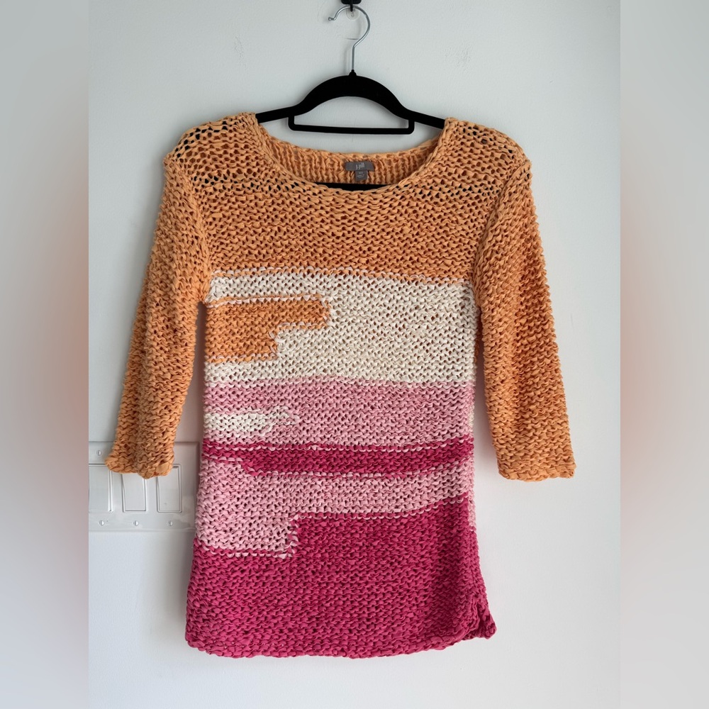 J.Jill Sweater Women's XS Pink White Orange Crocheted Ribbon Knit Tunic